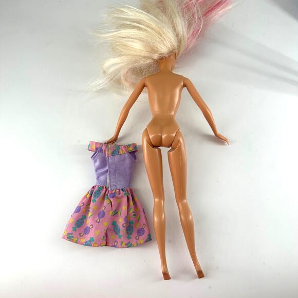 1999 Mattel Barbie Doll Blonde Pink Streaks Genuine Barbie Candy Print Dress - Picture 4 of 10
